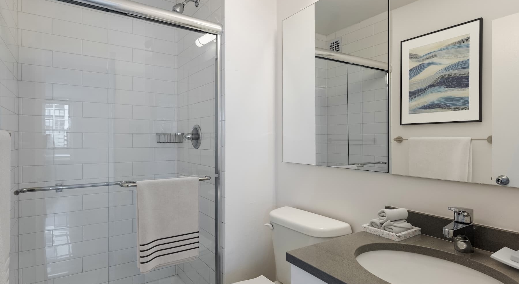 shower area and ample bathroom counter space